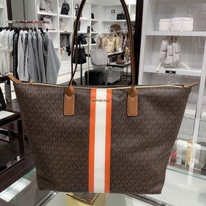 MICHAEL KORS TRAVEL LARGE LEATHER STRIPE TOTE SHOULDER BAG SIGNATURE BROWN